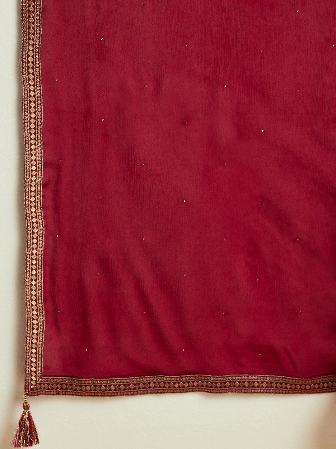 Burgundy Woven Design Silk Blend Straight Suit With Dupatta