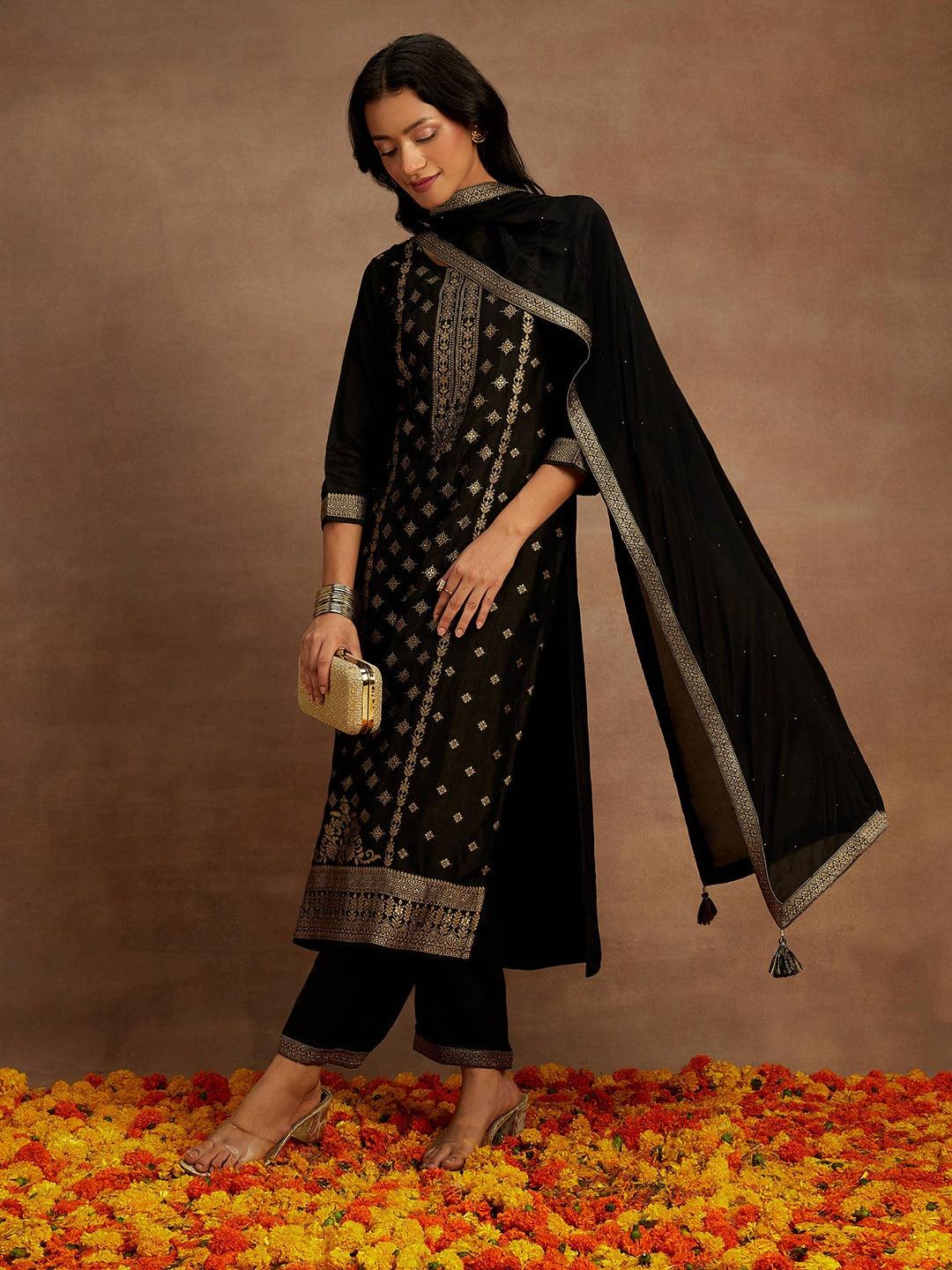 Black Woven Design Silk Blend Straight Suit With Dupatta