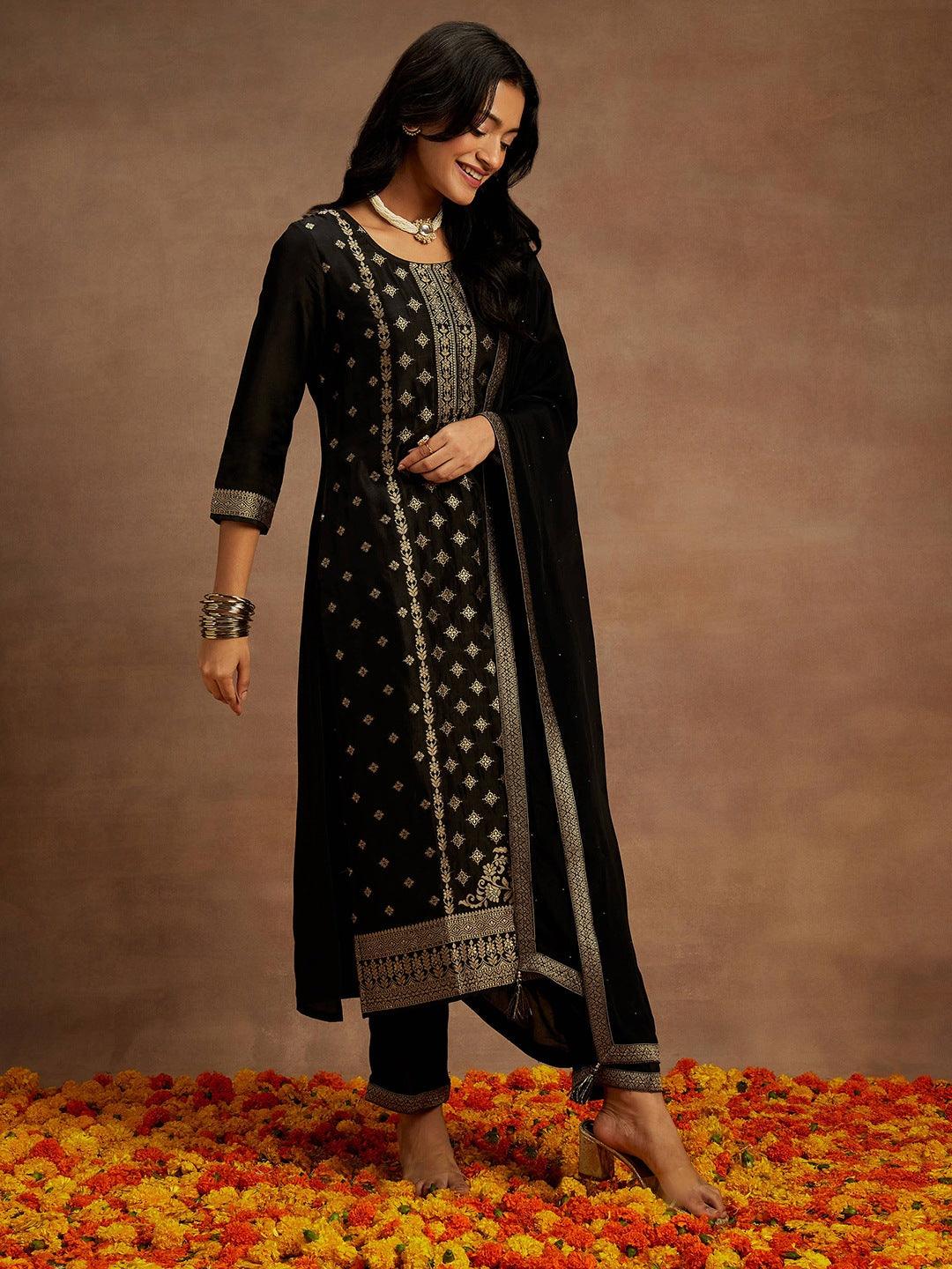 Black Woven Design Silk Blend Straight Suit With Dupatta