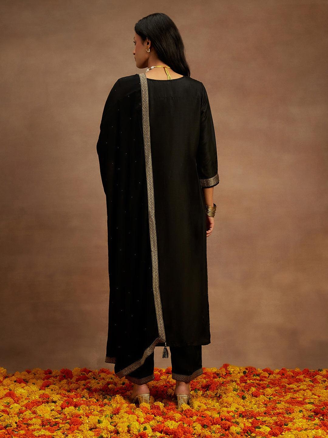 Black Woven Design Silk Blend Straight Suit With Dupatta