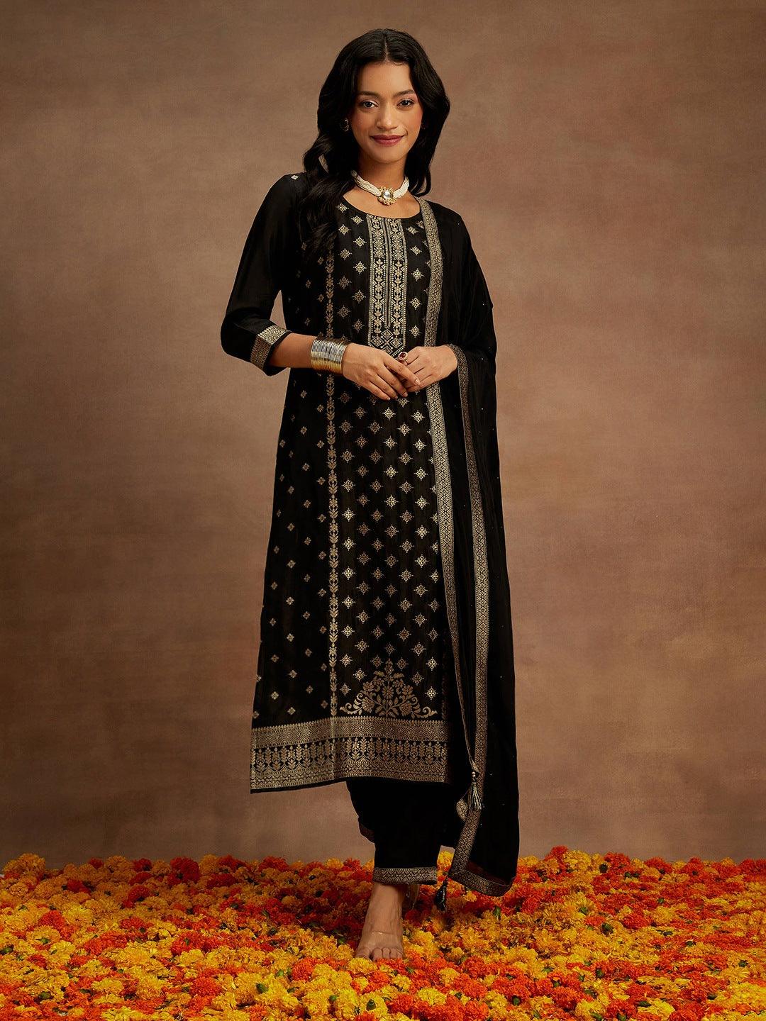 Black Woven Design Silk Blend Straight Suit With Dupatta