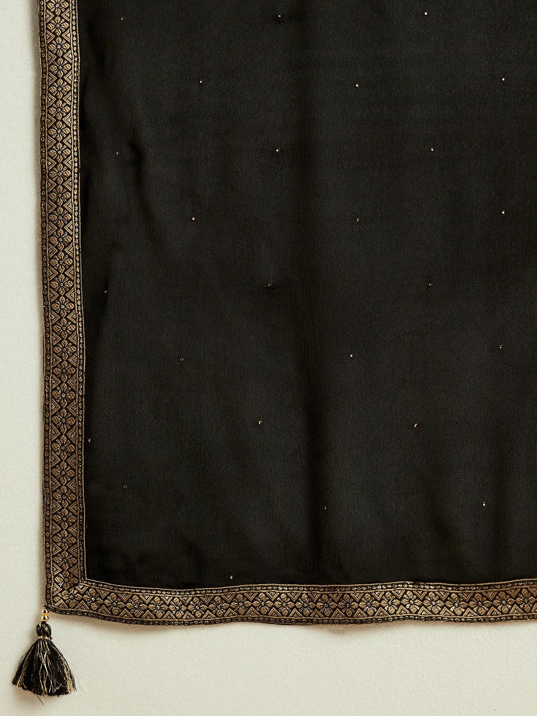 Black Woven Design Silk Blend Straight Suit With Dupatta