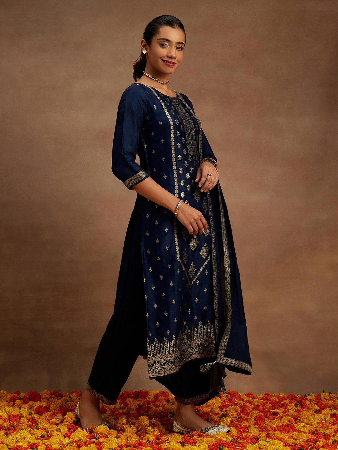 Navy Blue Woven Design Silk Blend Straight Kurta With Trousers & Dupatta - ShopLibas