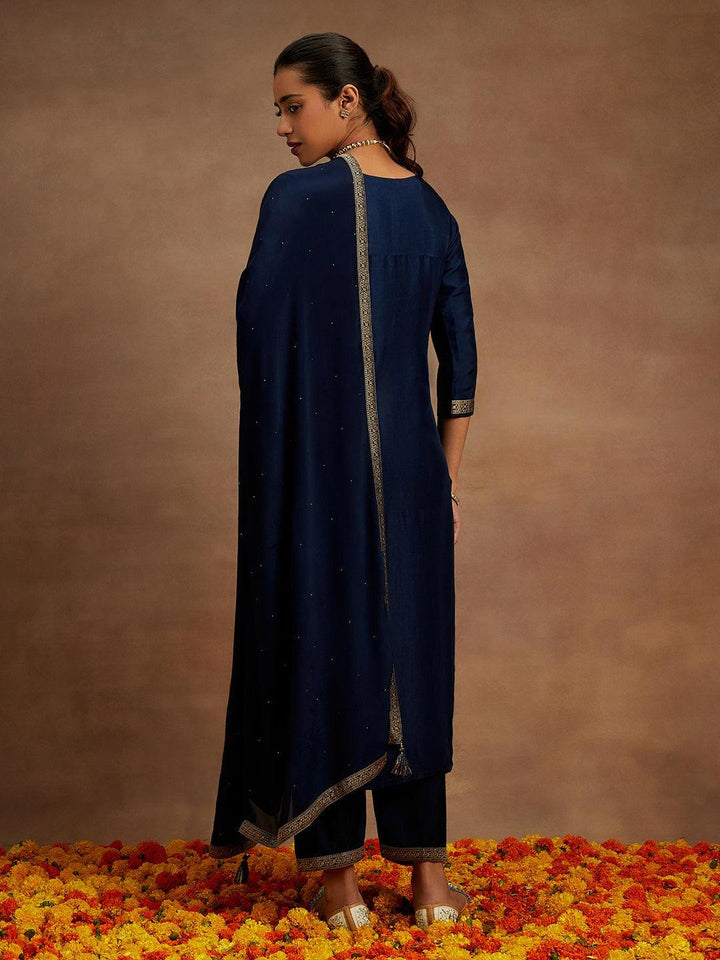 Navy Blue Woven Design Silk Blend Straight Kurta With Trousers & Dupatta - ShopLibas