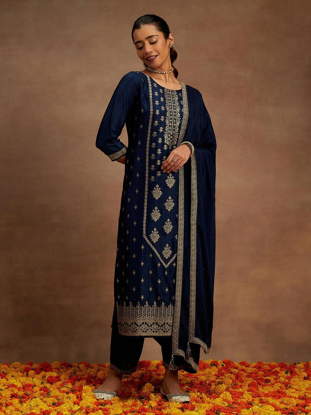 Navy Blue Woven Design Silk Blend Straight Kurta With Trousers & Dupatta - ShopLibas