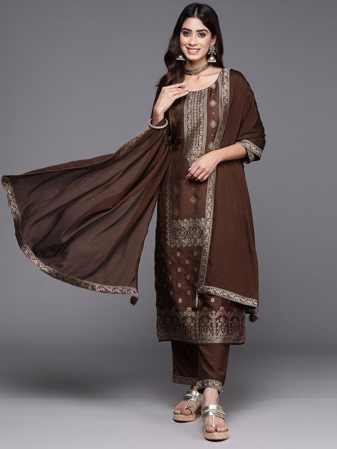 Brown Woven Design Silk Blend Straight Suit With Dupatta