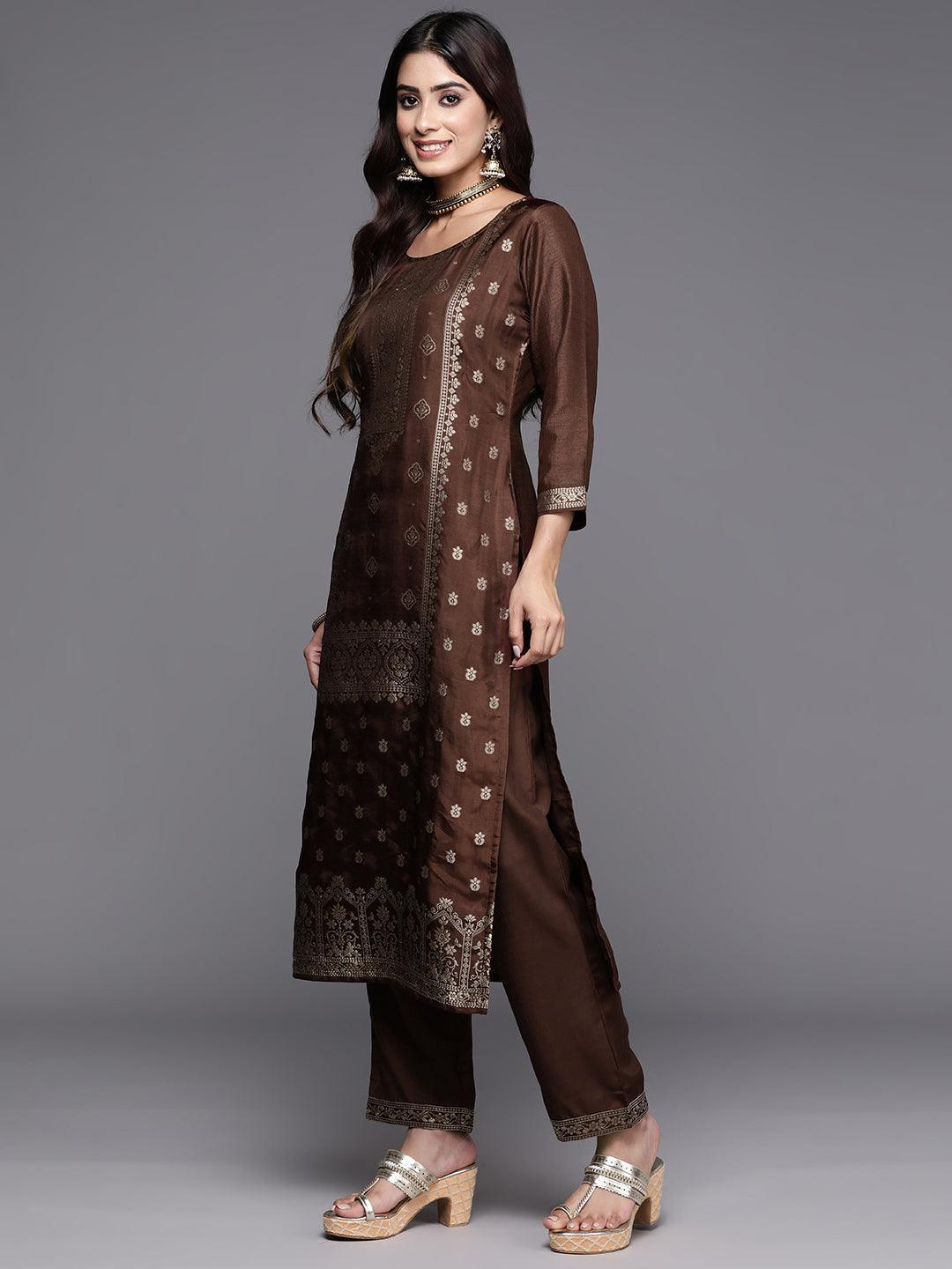 Brown Woven Design Silk Blend Straight Suit With Dupatta