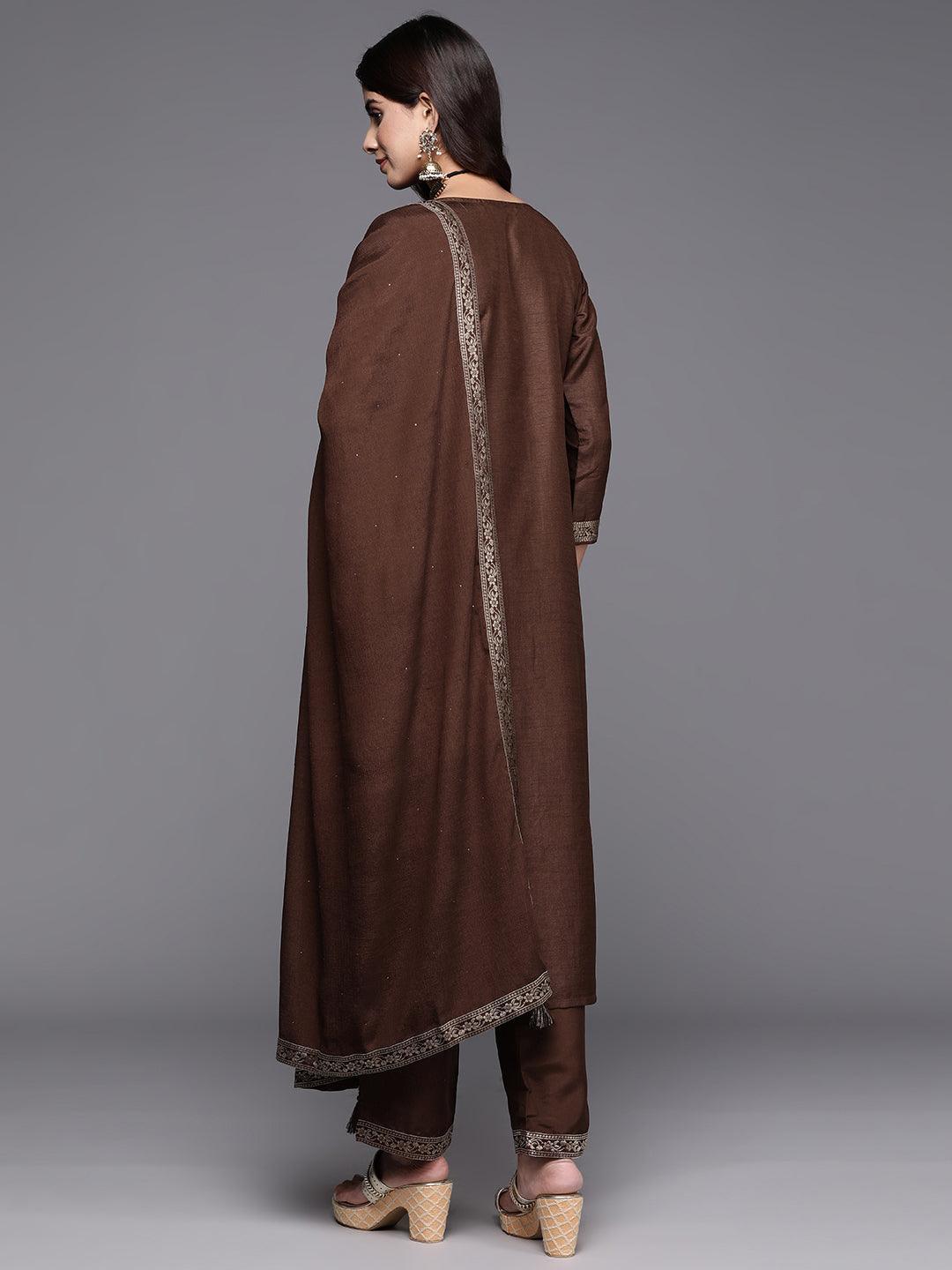 Brown Woven Design Silk Blend Straight Suit With Dupatta