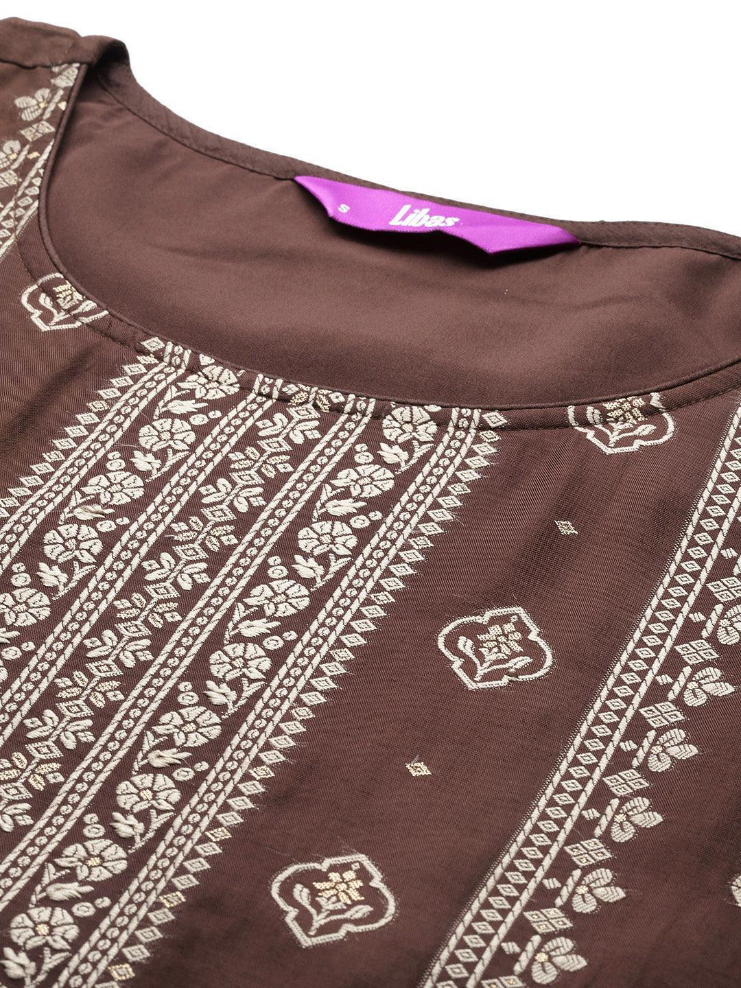 Brown Woven Design Silk Blend Straight Suit With Dupatta