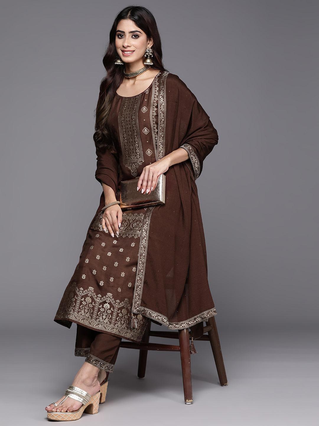 Brown Woven Design Silk Blend Straight Suit With Dupatta