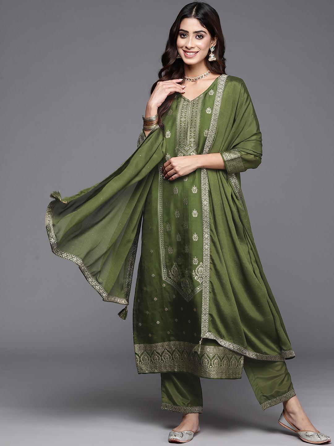 Green Woven Design Silk Blend Straight Suit With Dupatta