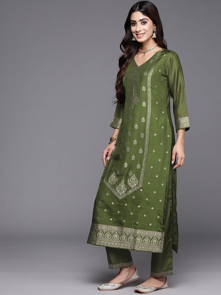 Olive Green Woven Design Silk Blend Straight Kurta With Trousers & Dupatta - ShopLibas