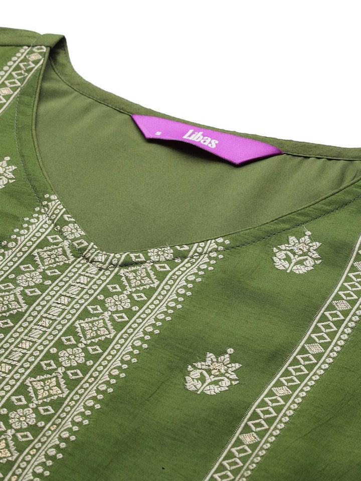 Olive Green Woven Design Silk Blend Straight Kurta With Trousers & Dupatta - ShopLibas