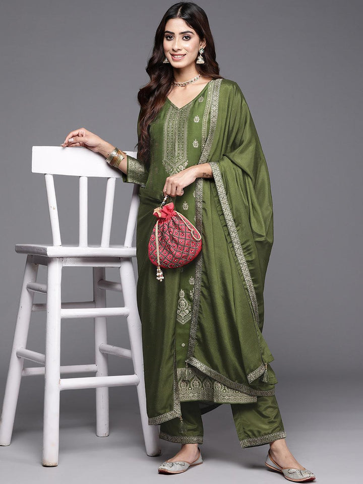 Olive Green Woven Design Silk Blend Straight Kurta With Trousers & Dupatta - ShopLibas