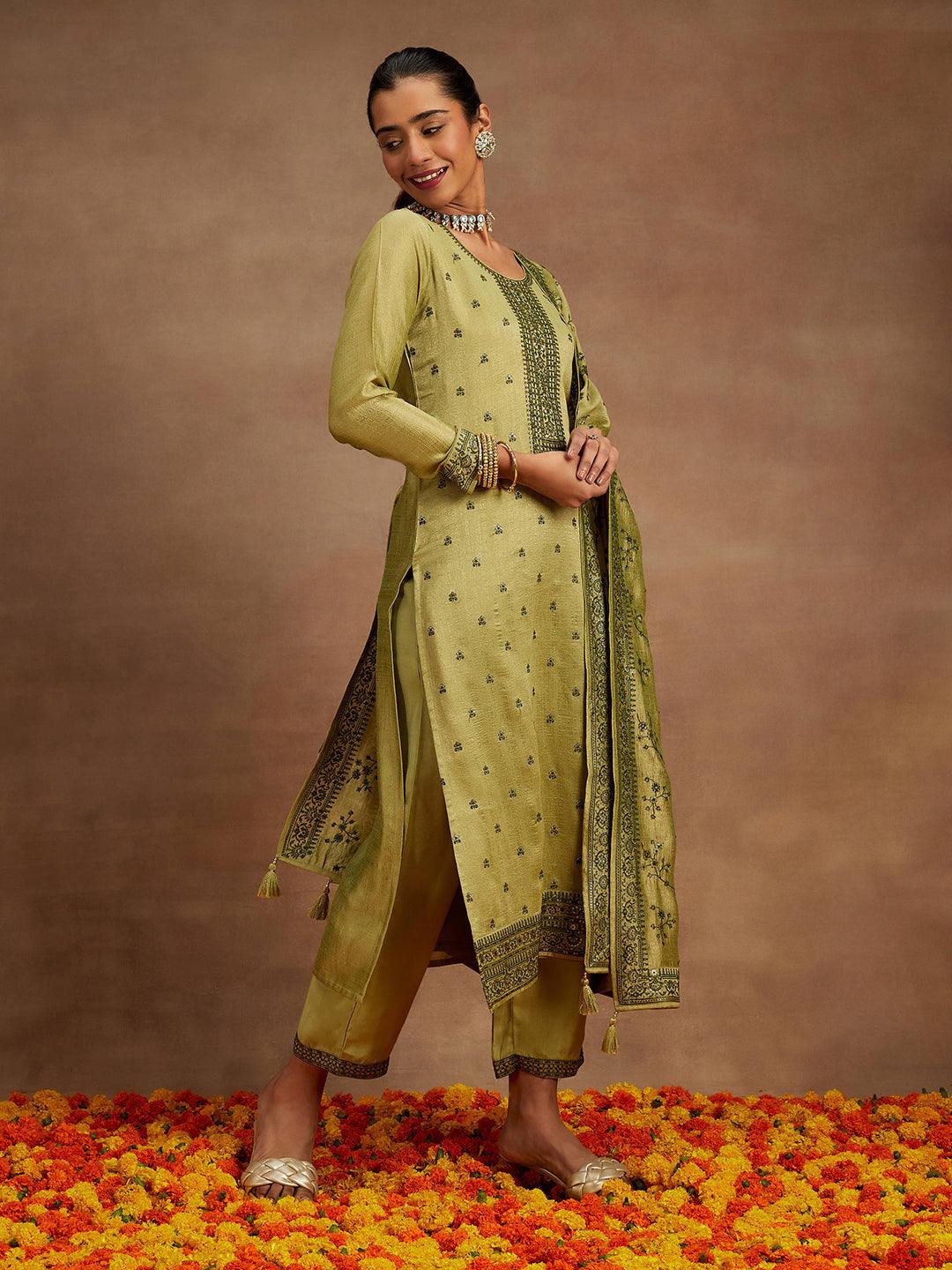 Sage Green Embroidered Silk Blend Straight Kurta With Trousers & Dupatta - ShopLibas