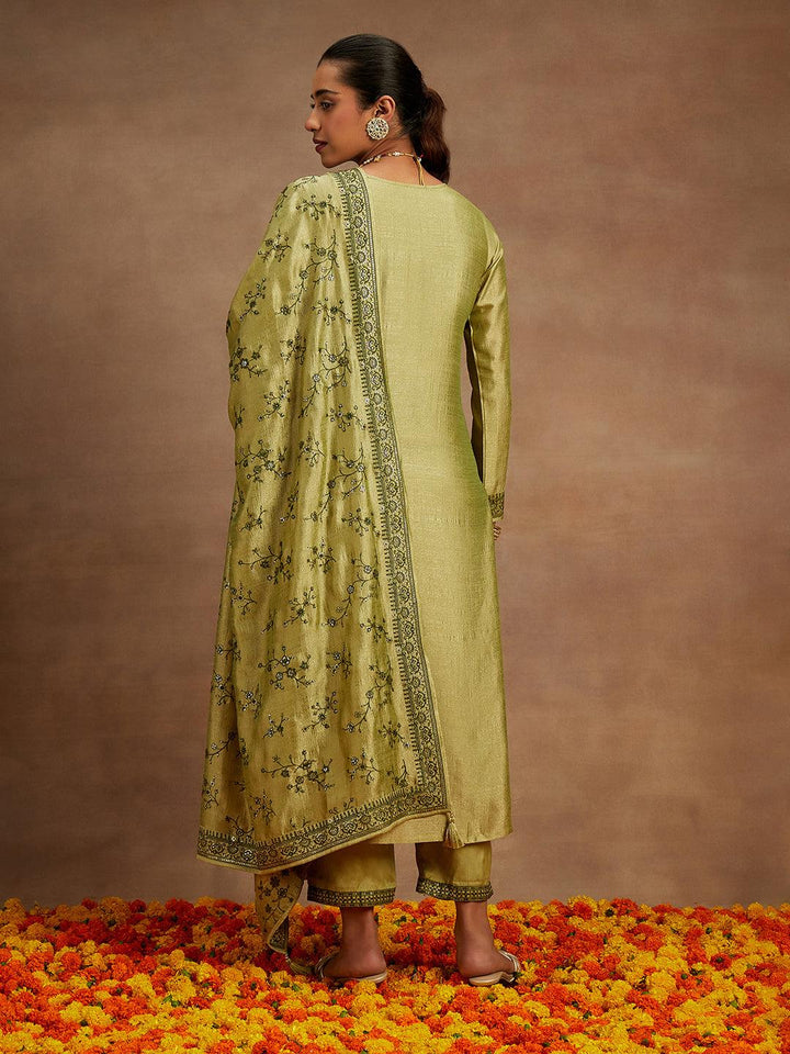 Sage Green Embroidered Silk Blend Straight Kurta With Trousers & Dupatta - ShopLibas