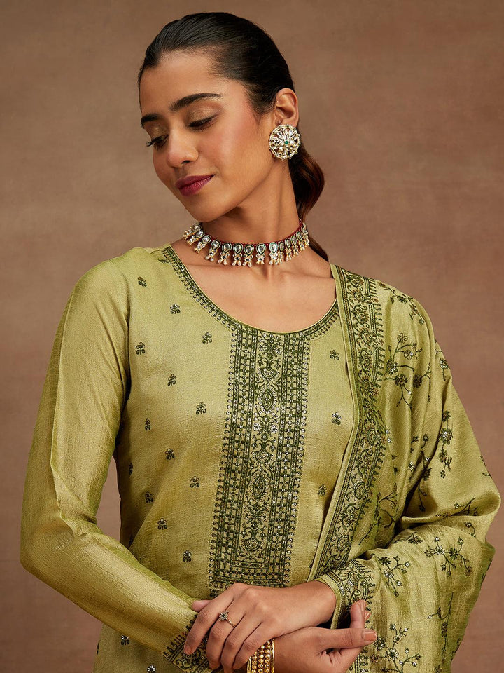 Sage Green Embroidered Silk Blend Straight Kurta With Trousers & Dupatta - ShopLibas