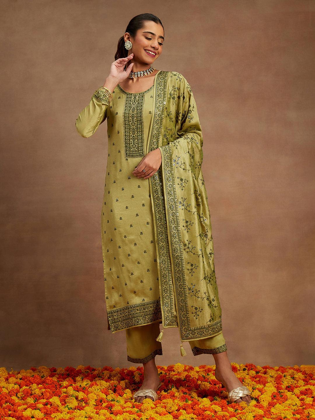 Sage Green Embroidered Silk Blend Straight Kurta With Trousers & Dupatta - ShopLibas