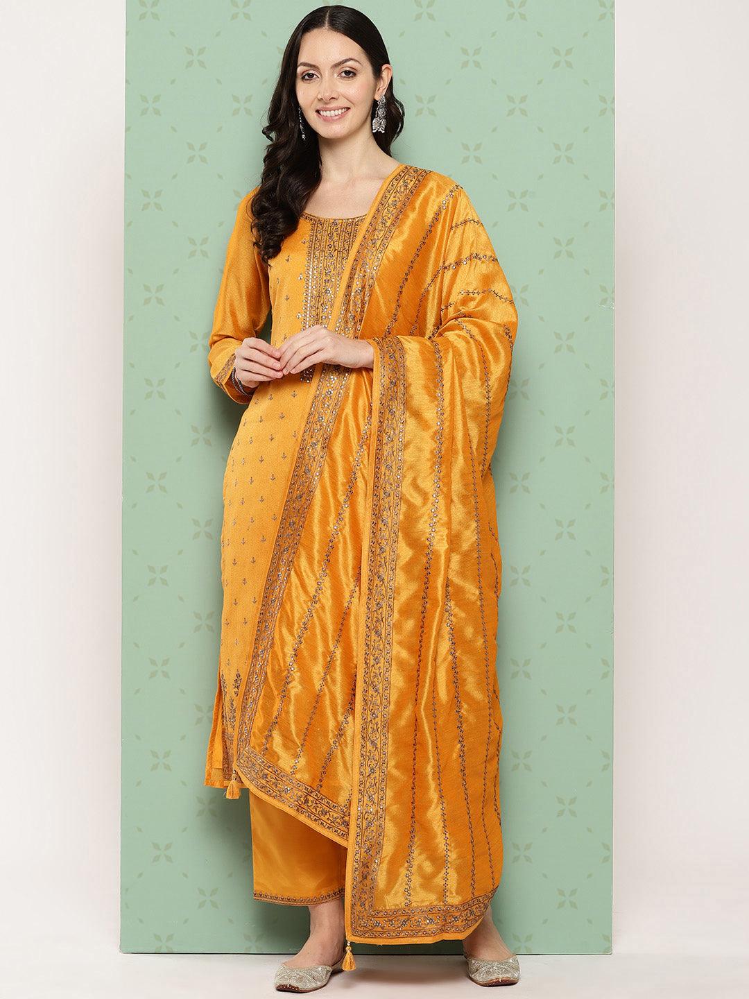 Amber Embroidered Silk Blend Straight Kurta With Trousers & Dupatta - ShopLibas