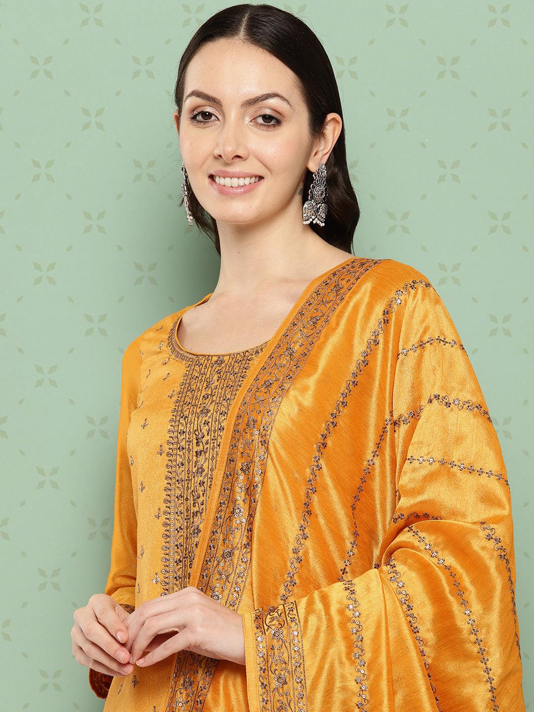 Amber Embroidered Silk Blend Straight Suit With Dupatta