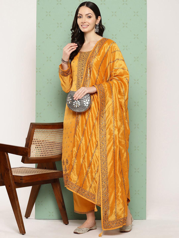 Amber Embroidered Silk Blend Straight Kurta With Trousers & Dupatta - ShopLibas