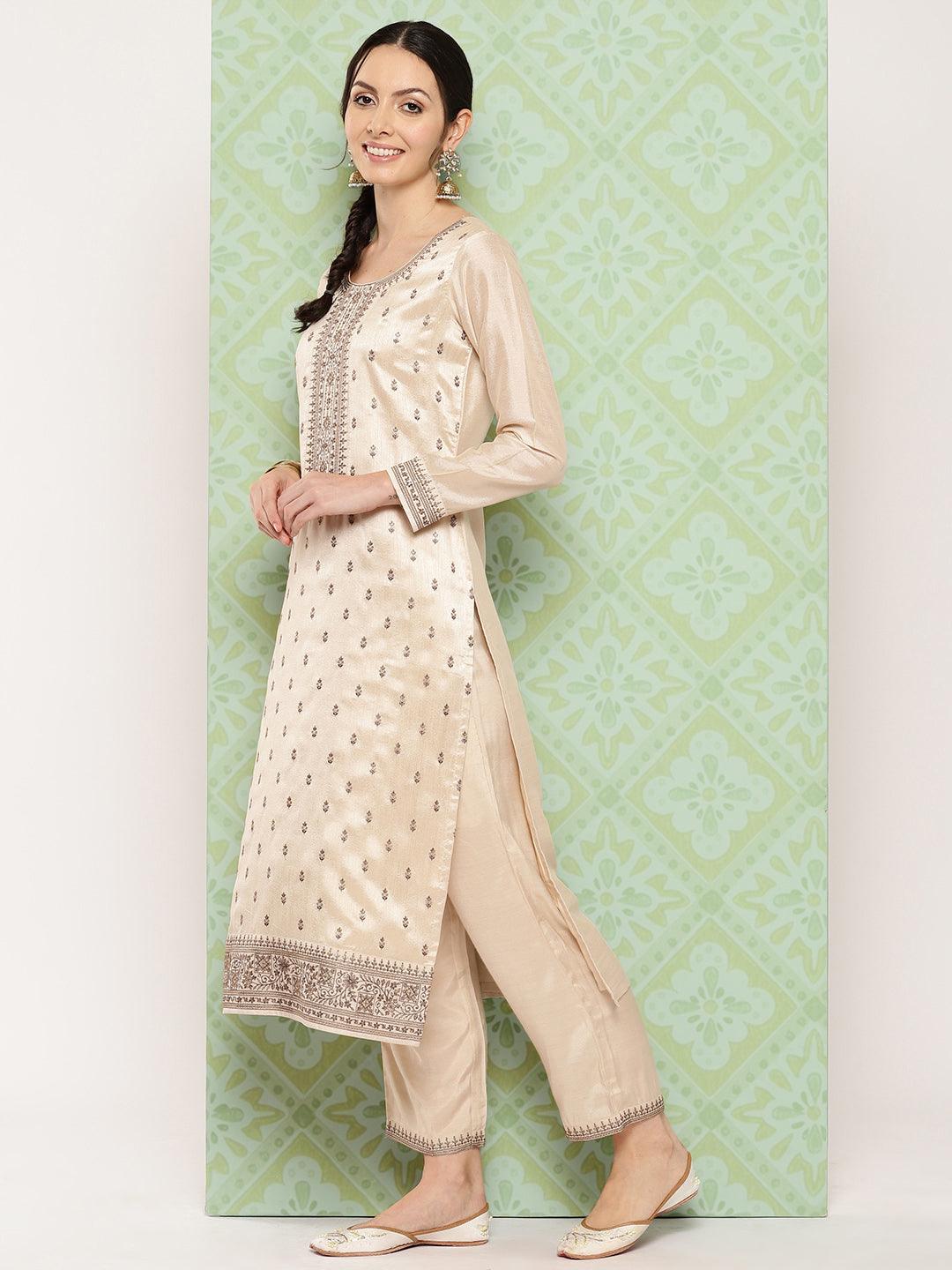 Beige Embroidered Silk Blend Straight Kurta With Trousers & Dupatta - ShopLibas