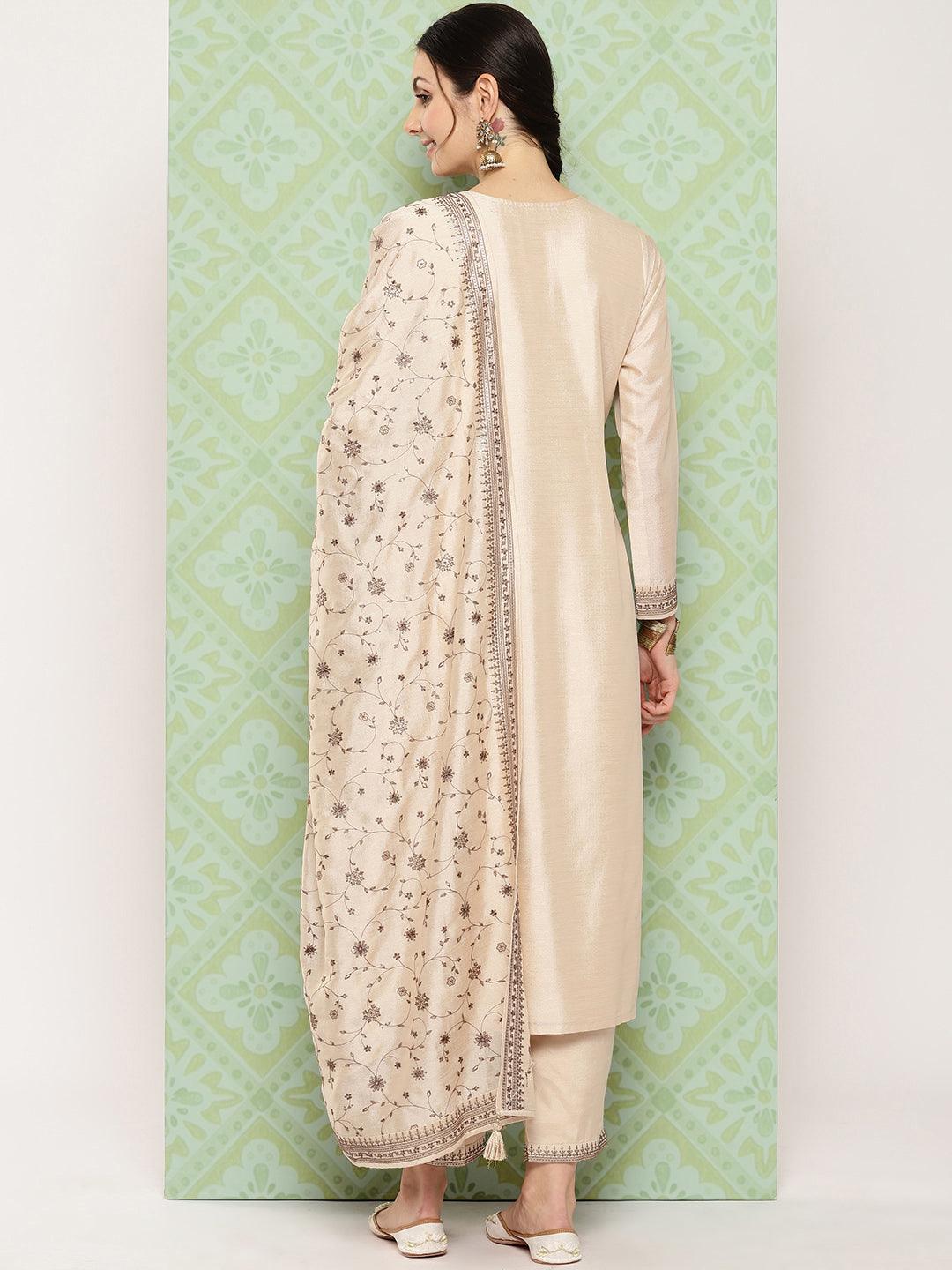 Beige Embroidered Silk Blend Straight Kurta With Trousers & Dupatta - ShopLibas