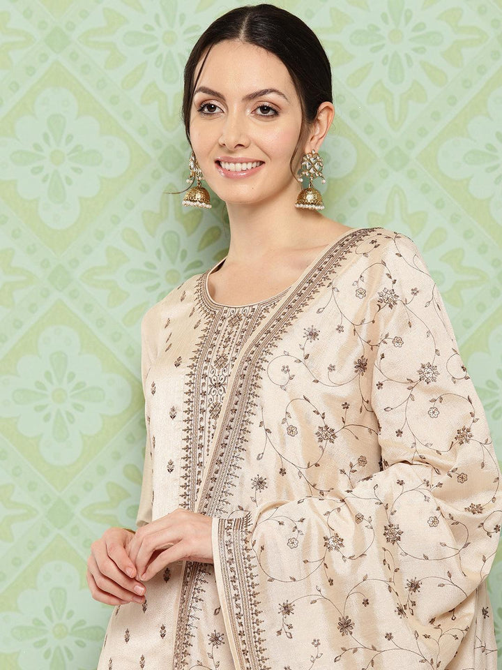 Beige Embroidered Silk Blend Straight Kurta With Trousers & Dupatta - ShopLibas