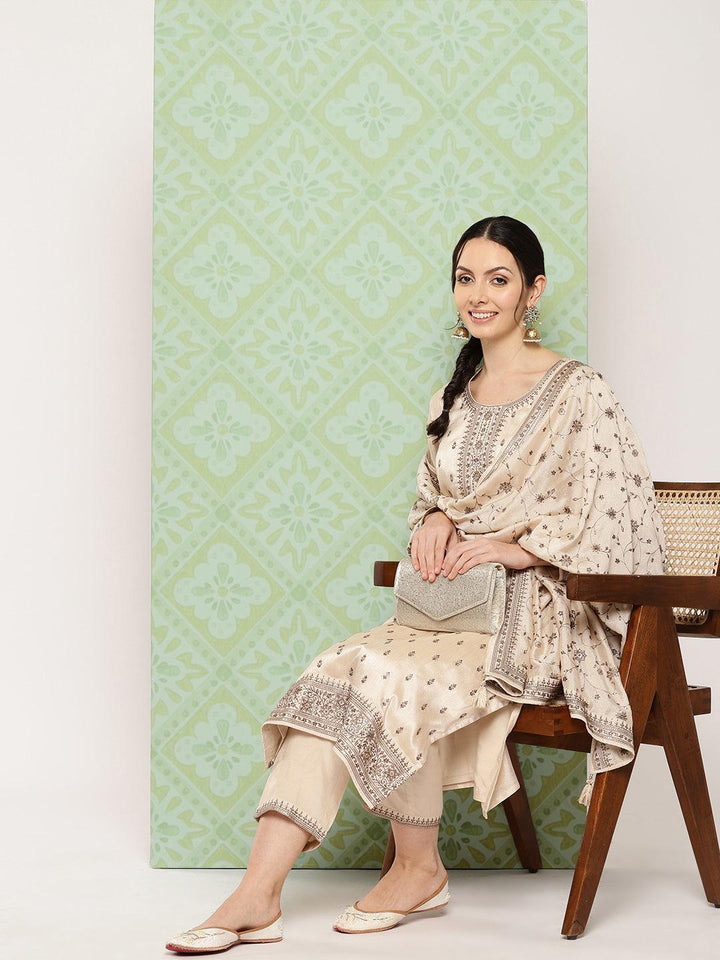 Beige Embroidered Silk Blend Straight Kurta With Trousers & Dupatta - ShopLibas