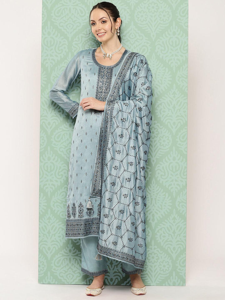 Blue Embroidered Silk Blend Straight Kurta With Trousers & Dupatta - ShopLibas