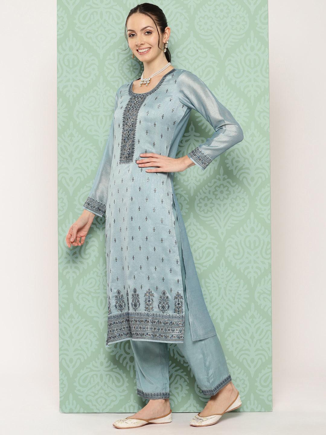 Blue Embroidered Silk Blend Straight Suit With Dupatta