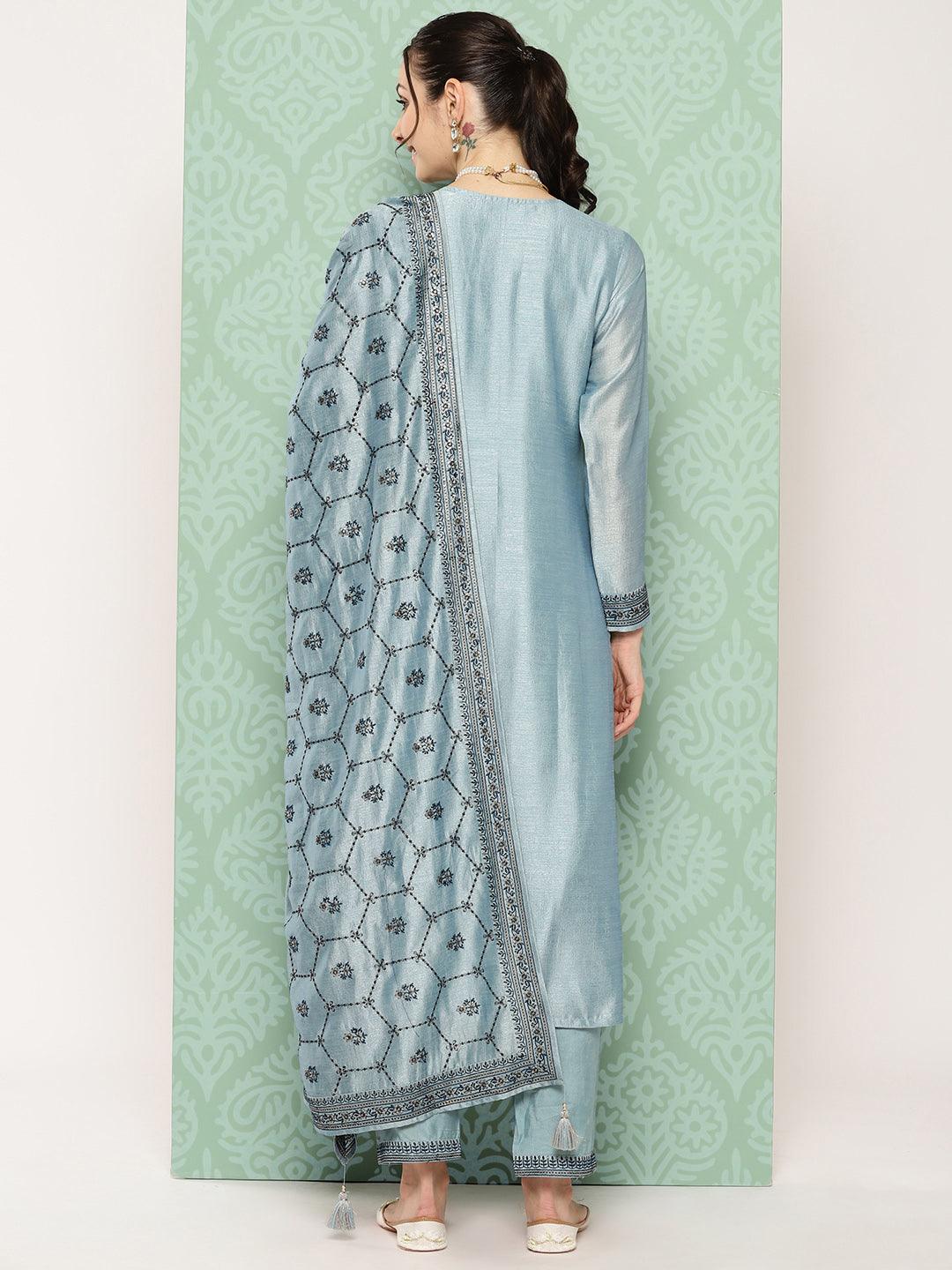 Blue Embroidered Silk Blend Straight Kurta With Trousers & Dupatta - ShopLibas