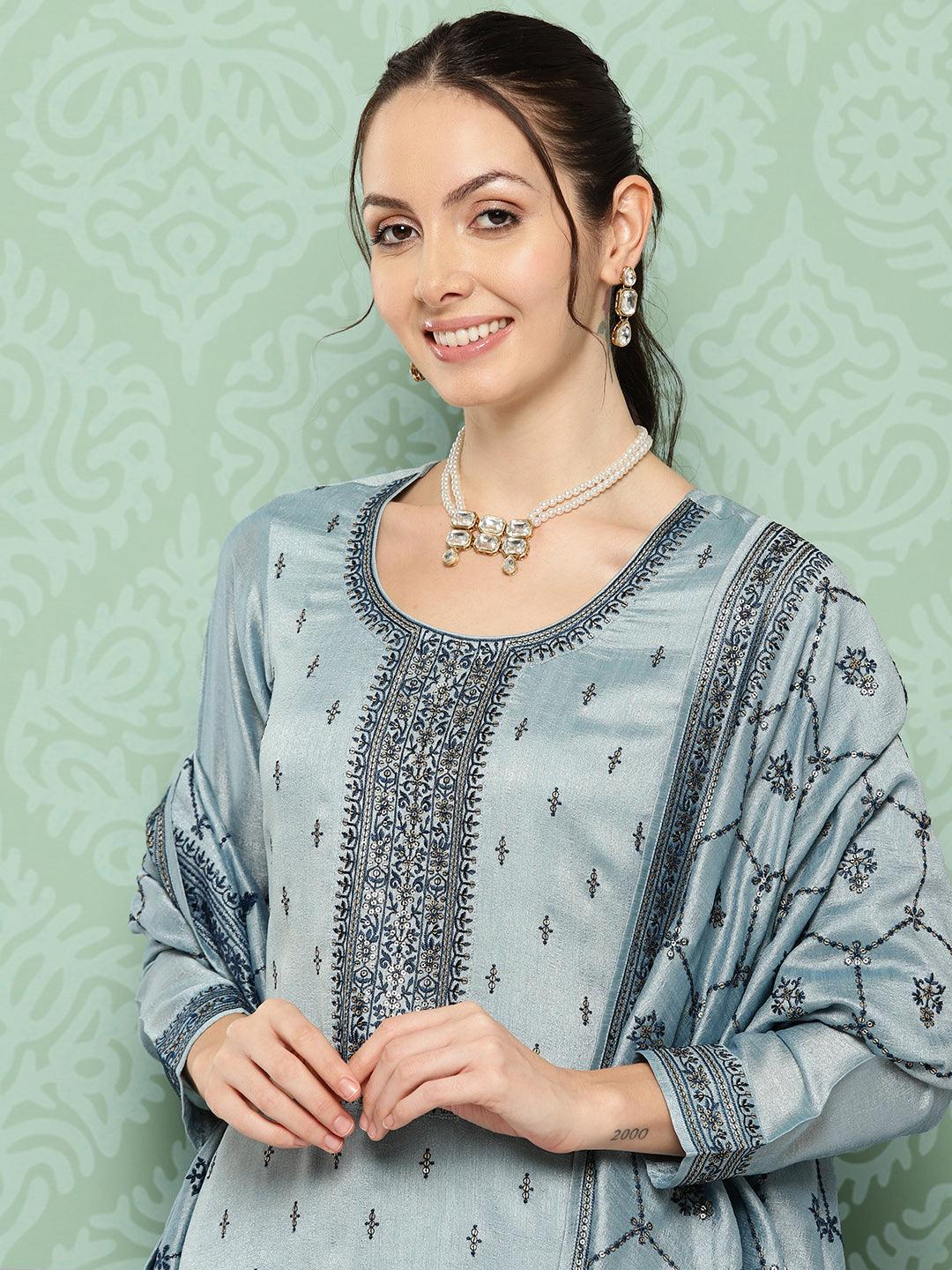 Blue Embroidered Silk Blend Straight Kurta With Trousers & Dupatta - ShopLibas