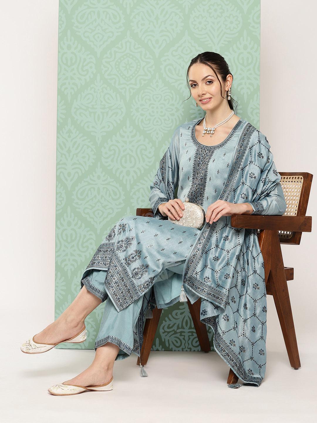 Blue Embroidered Silk Blend Straight Kurta With Trousers & Dupatta - ShopLibas