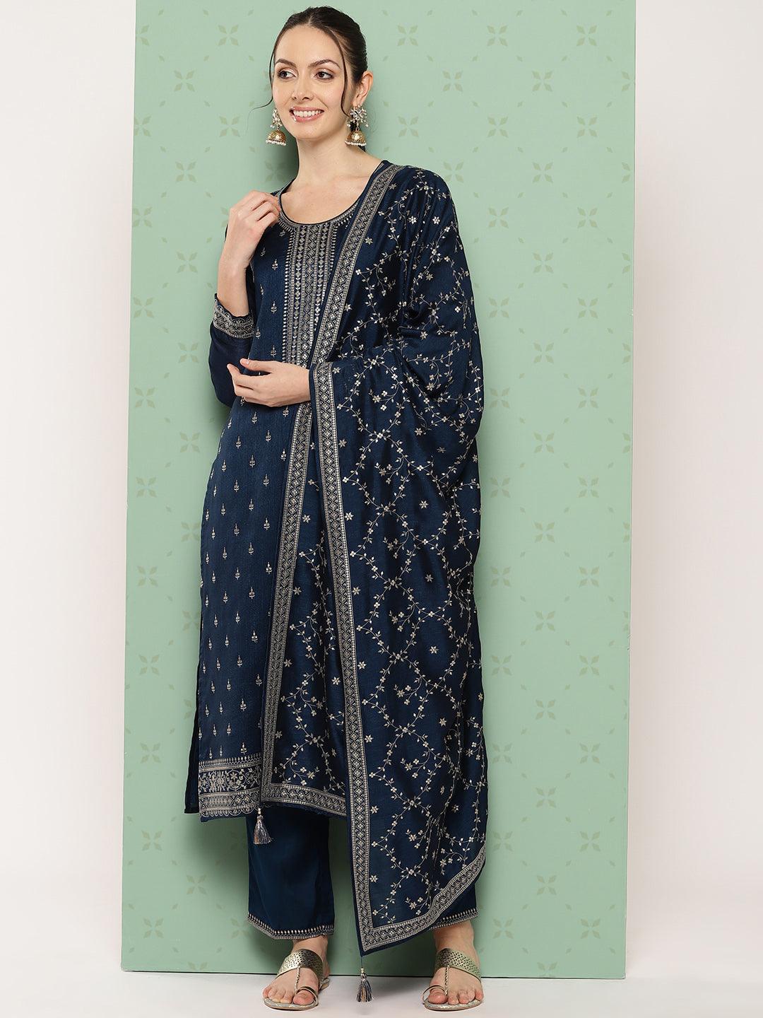 Blue Embroidered Silk Blend Straight Suit With Dupatta