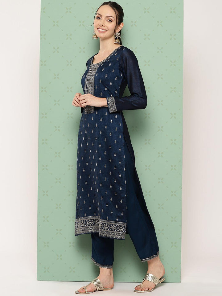 Navy Blue Embroidered Silk Blend Straight Kurta With Trousers & Dupatta - ShopLibas