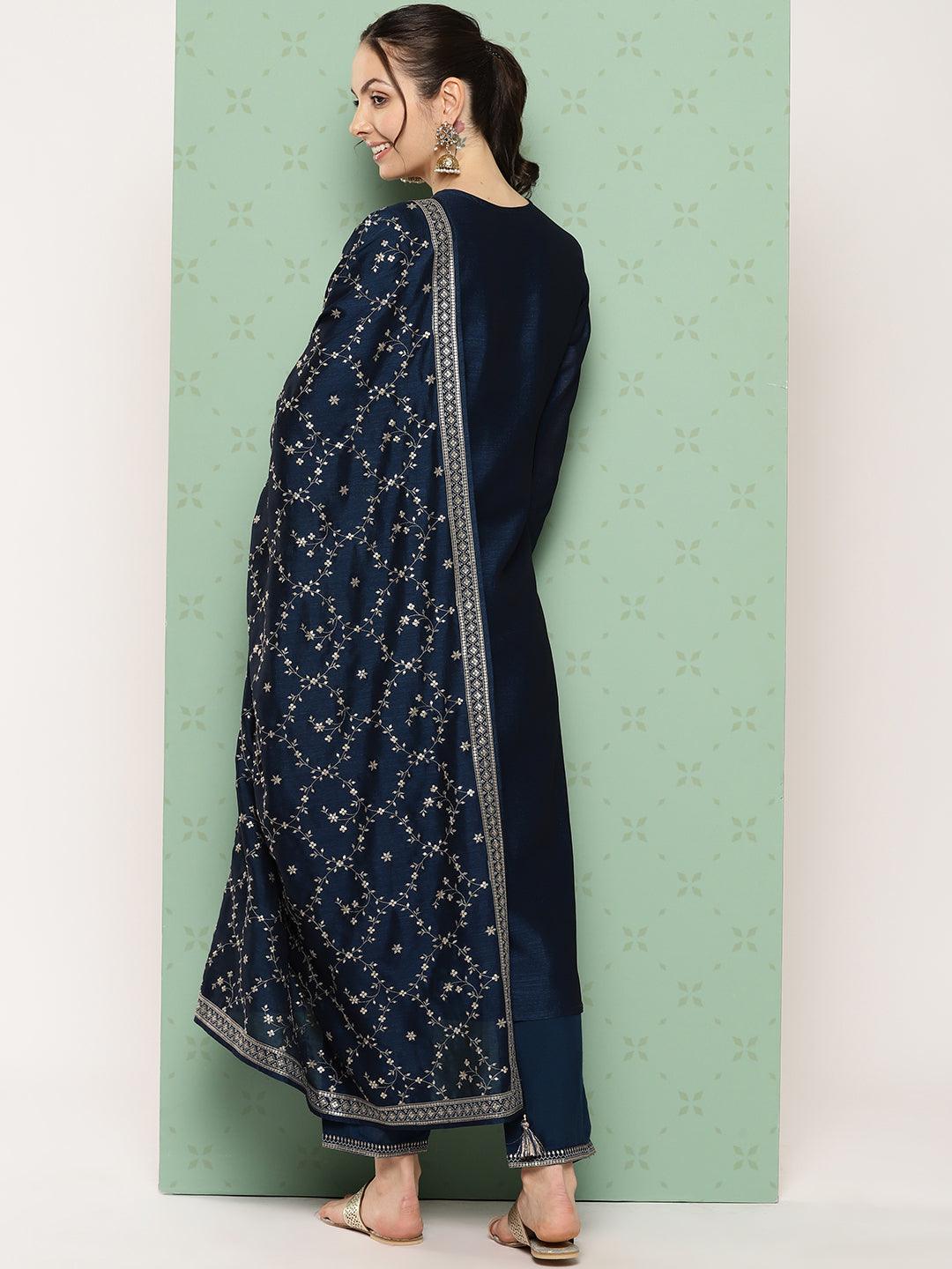 Navy Blue Embroidered Silk Blend Straight Kurta With Trousers & Dupatta - ShopLibas