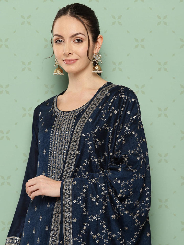 Navy Blue Embroidered Silk Blend Straight Kurta With Trousers & Dupatta - ShopLibas