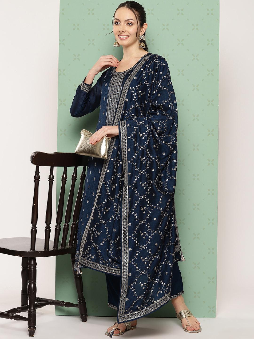 Blue Embroidered Silk Blend Straight Suit With Dupatta