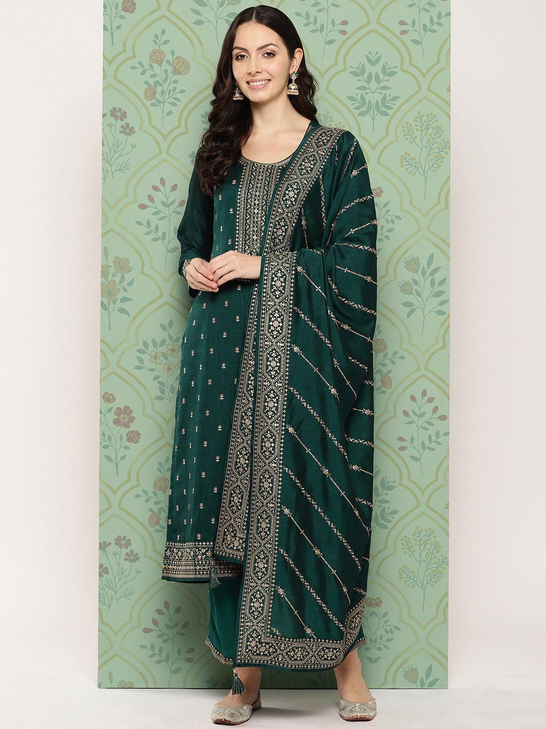 Teal Embroidered Silk Blend Straight Suit With Dupatta