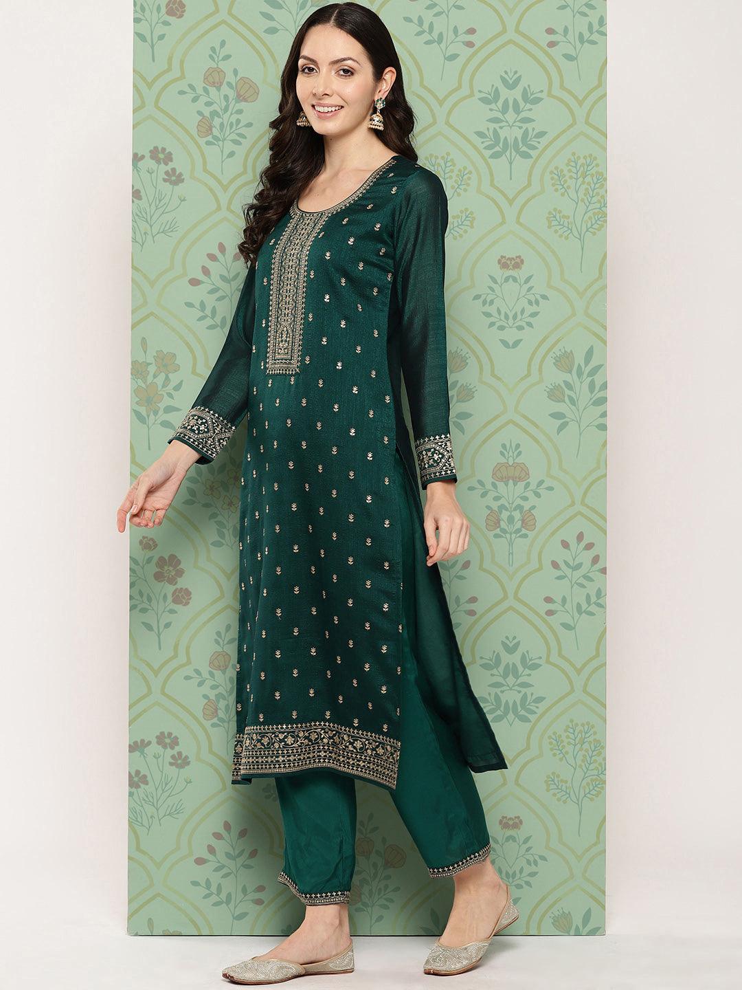 Teal Embroidered Silk Blend Straight Suit With Dupatta