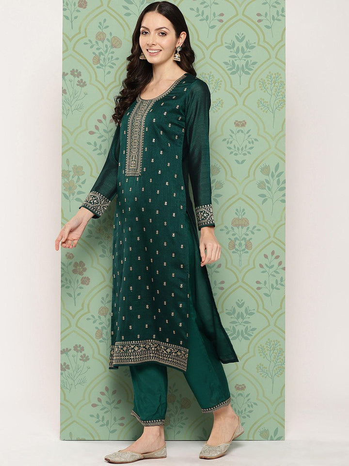 Teal Embroidered Silk Blend Straight Kurta With Trousers & Dupatta - ShopLibas