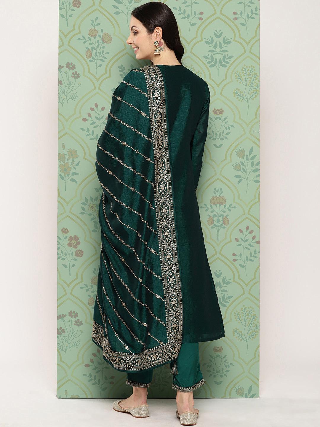 Teal Embroidered Silk Blend Straight Suit With Dupatta