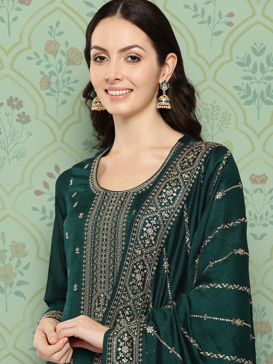 Teal Embroidered Silk Blend Straight Suit With Dupatta