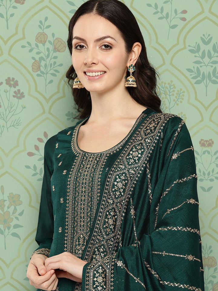 Teal Embroidered Silk Blend Straight Kurta With Trousers & Dupatta - ShopLibas