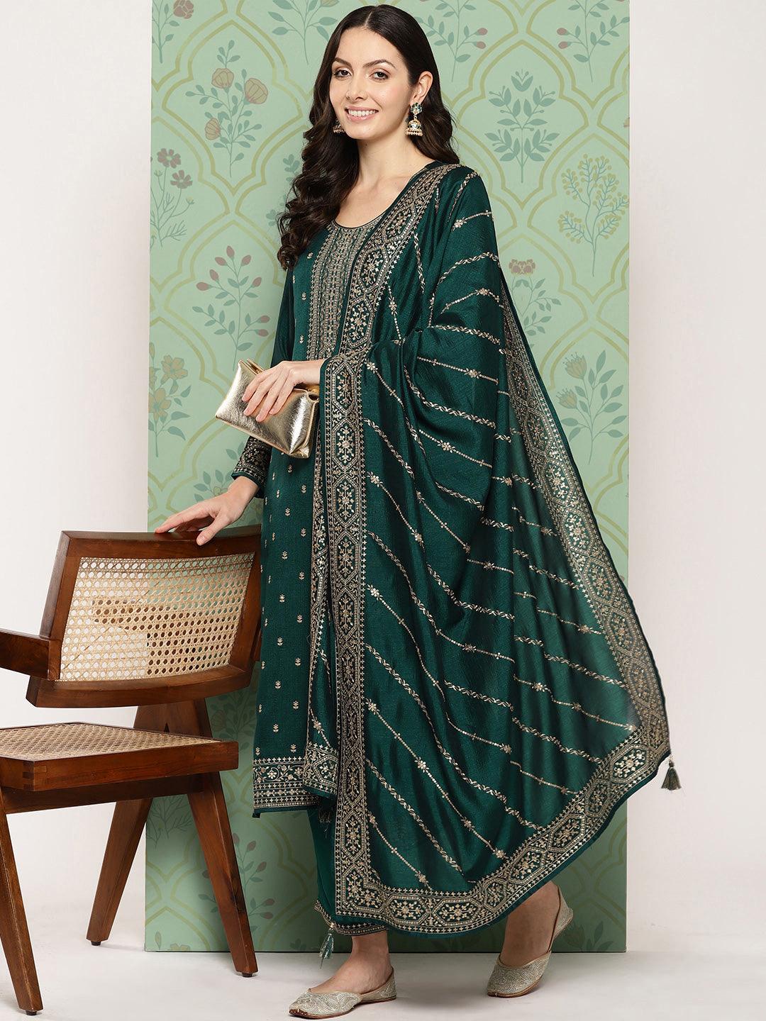 Teal Embroidered Silk Blend Straight Kurta With Trousers & Dupatta - ShopLibas