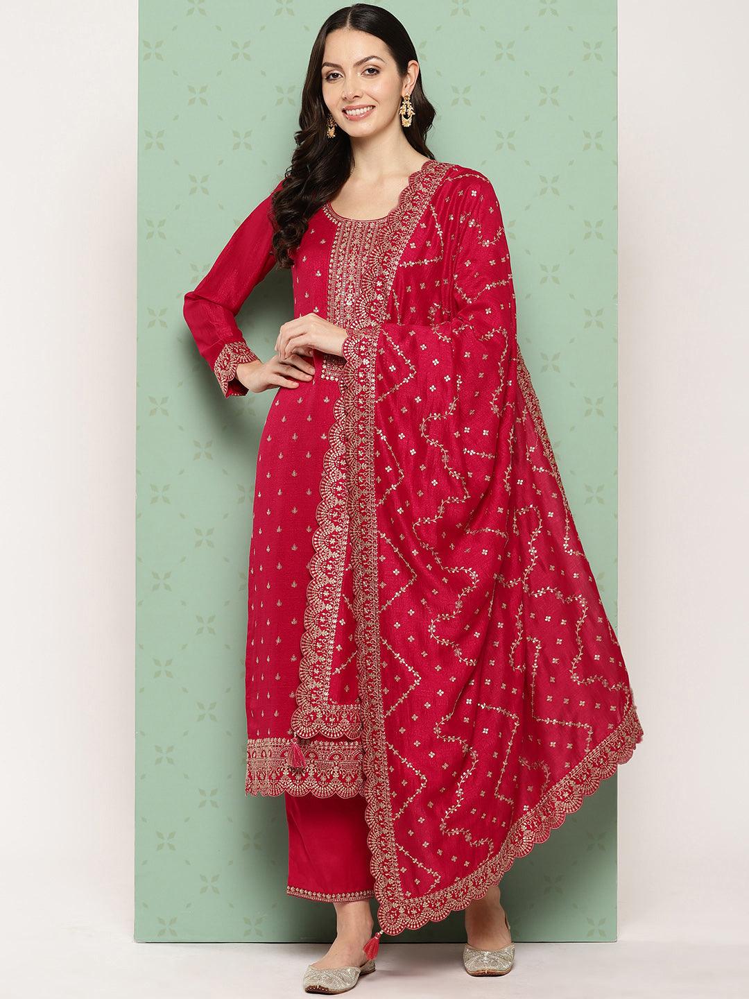 Pink Embroidered Silk Blend Straight Suit With Dupatta