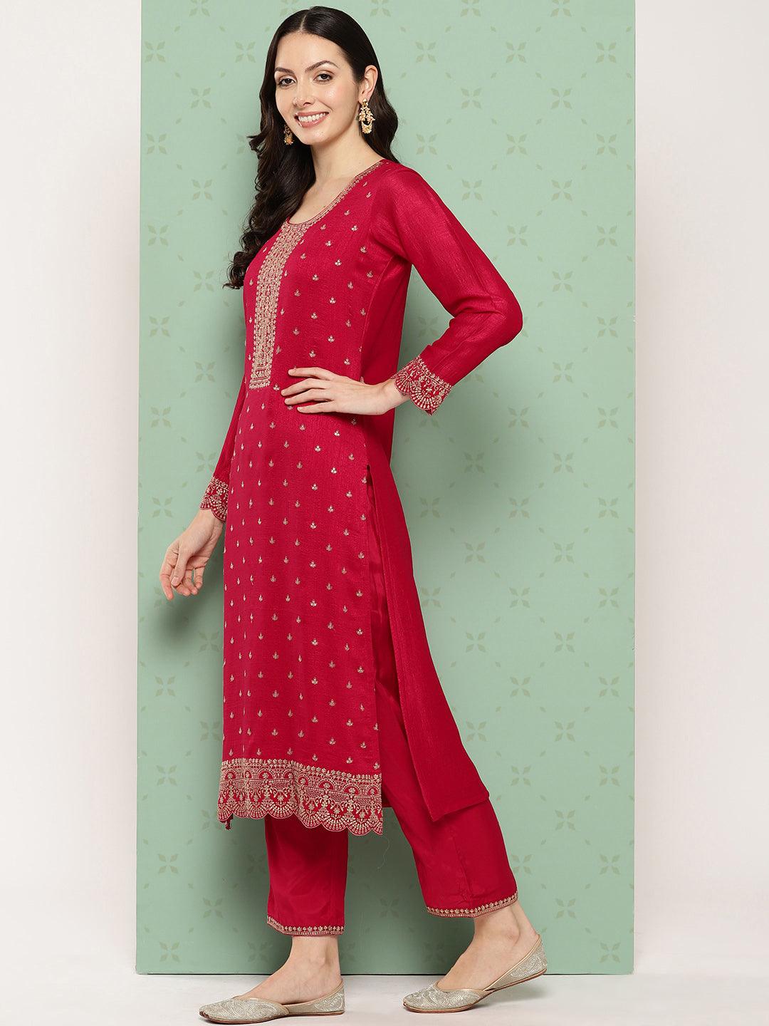 Pink Embroidered Silk Blend Straight Suit With Dupatta