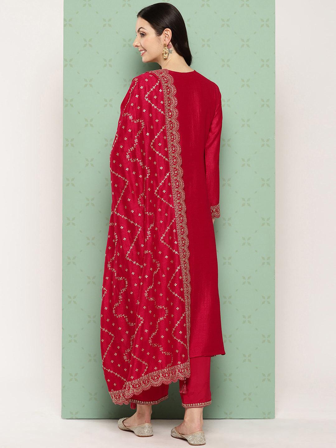 Pink Embroidered Silk Blend Straight Suit With Dupatta