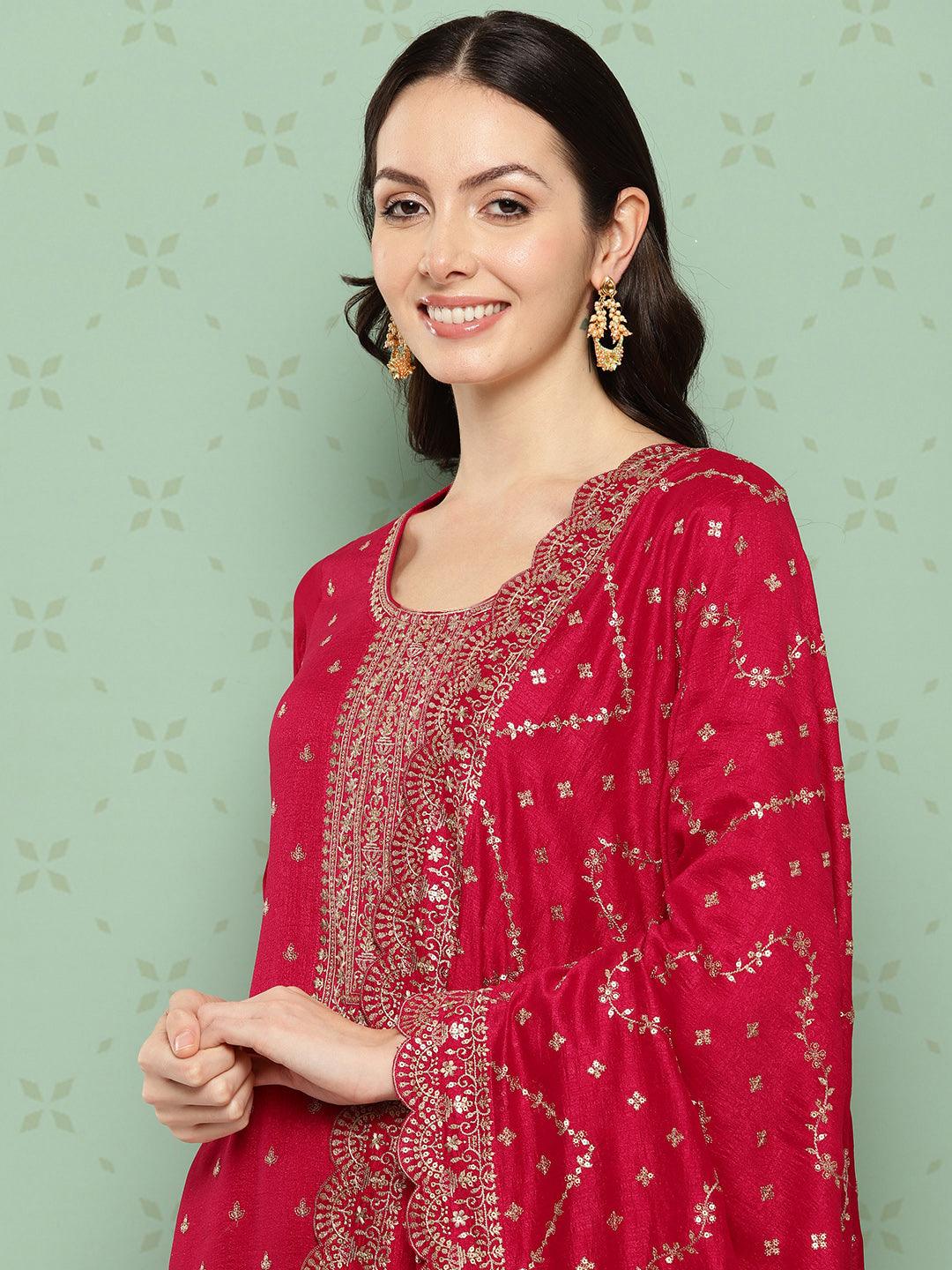 Pink Embroidered Silk Blend Straight Suit With Dupatta